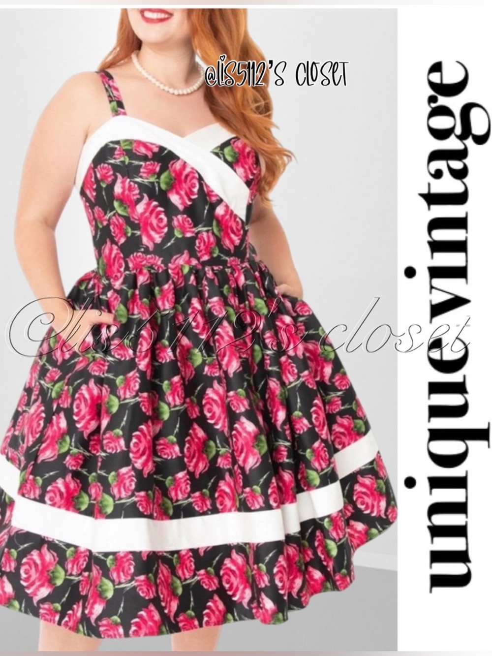 Unique Vintage Black & Pink Rose Floral Darienne Swing Dress 4X 22/24 fits 3X